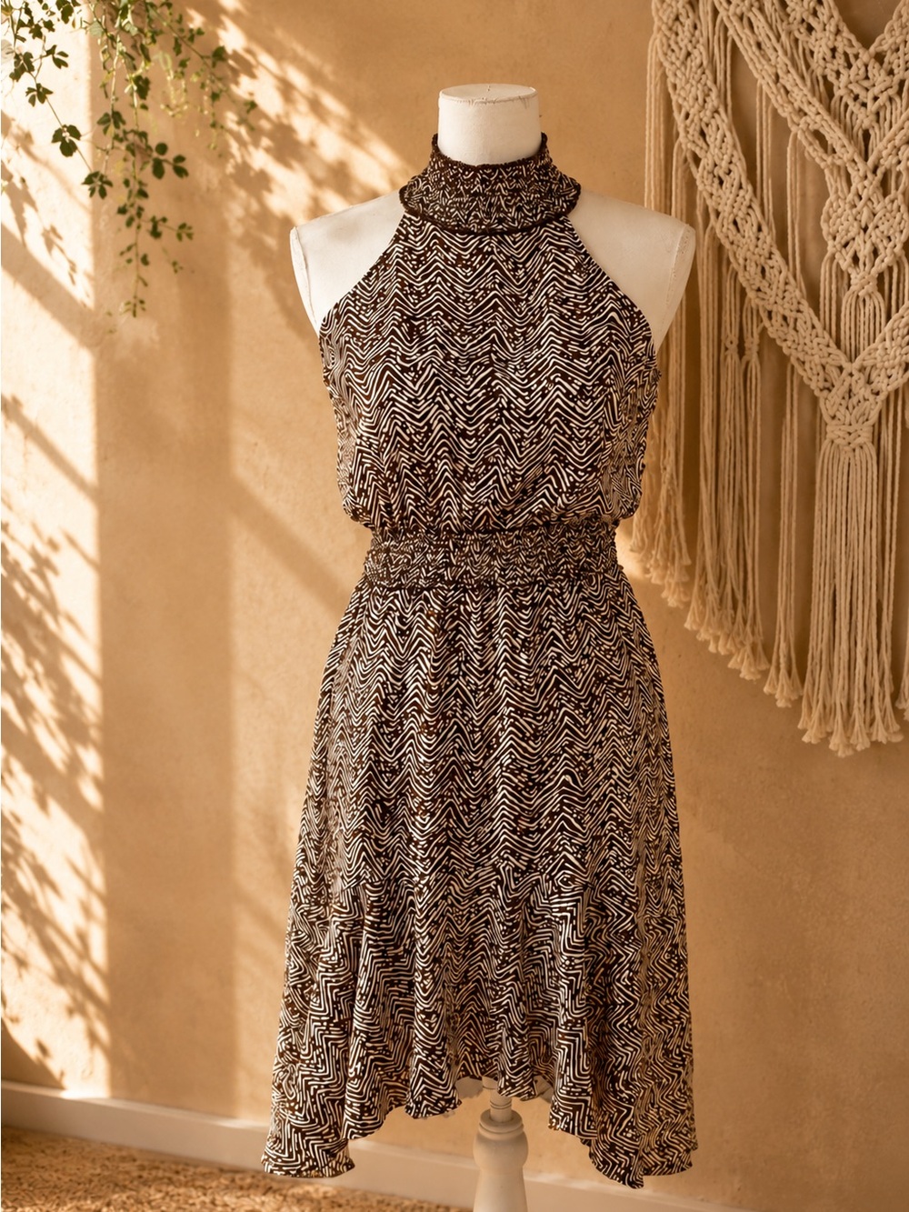 Sleeveless Brown Asymmetrical Midi Dress with Cinched Waist